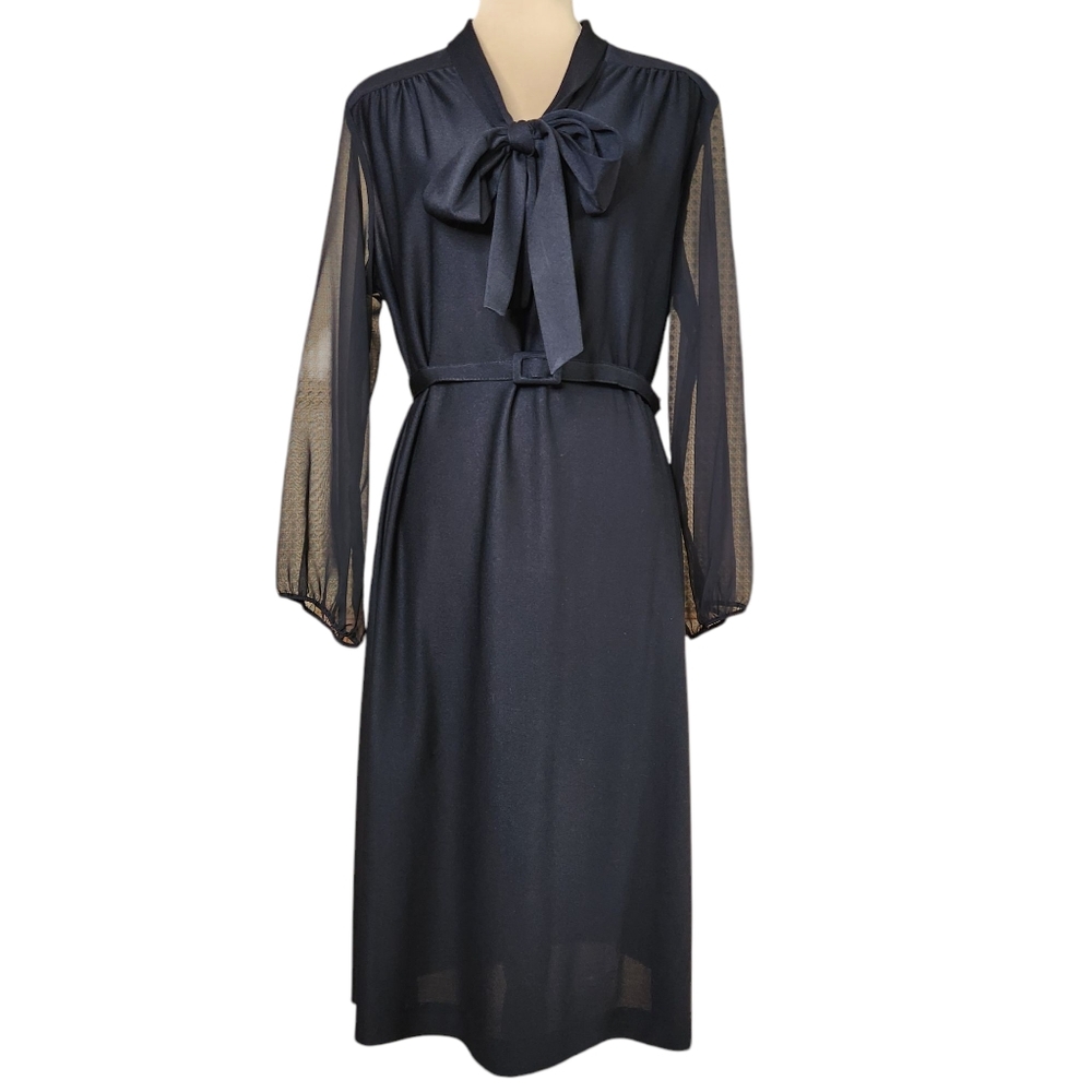 Vintage 70s Forever Young Black Secretary Dress Sheer Sleeves Bow Belt Union
